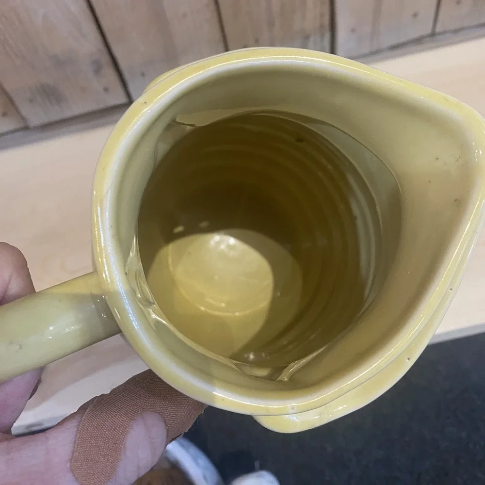 VTG MCM Ringware Yellow Ceramic‎ Ribbed Pitcher Jug Flower Frog Spout Unique 9
